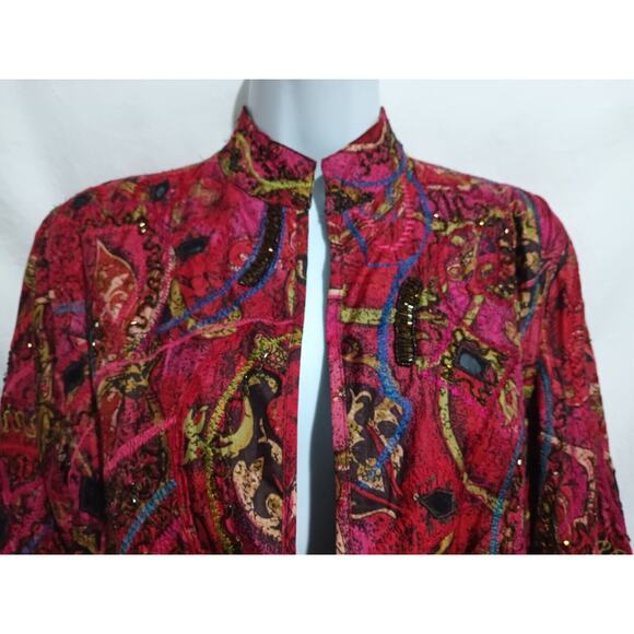 Chico's Size Small 100% Silk Red Long Sleeve Beaded Embroidered Jacket No... - Picture 1 of 10